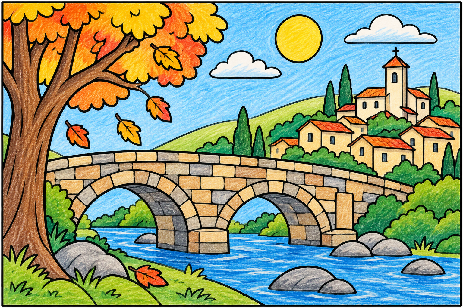 Puente de piedra sobre un río con un pueblo y un árbol de otoño