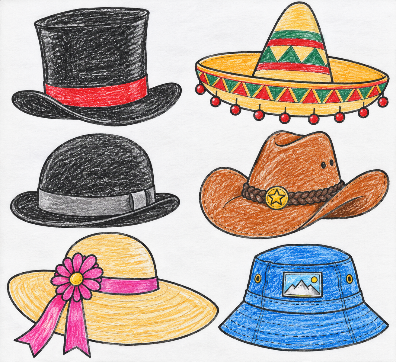 Seis modelos de sombreros coloreados